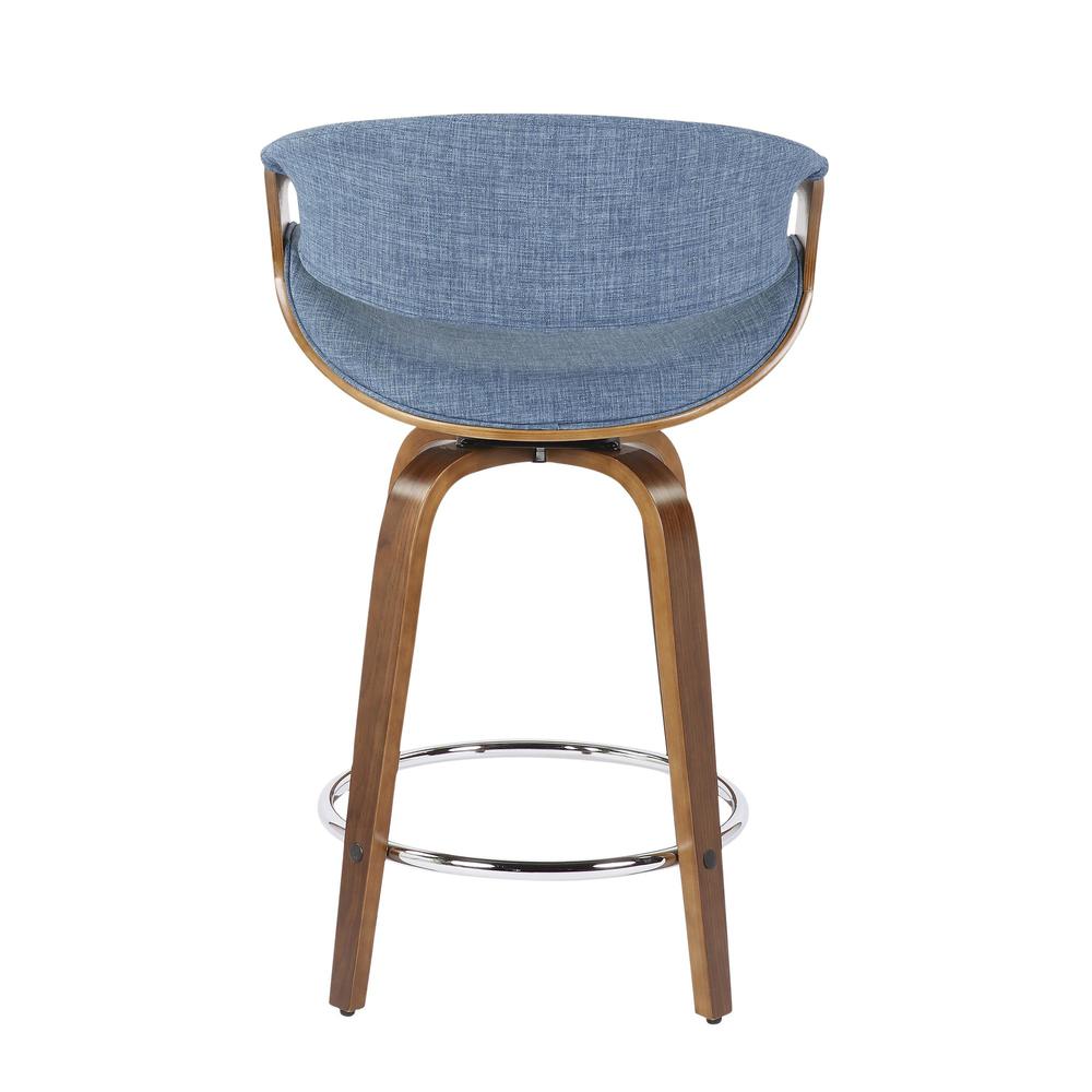 Walnut Wood, Blue Fabric, Chrome Curvini 24'' Counter Stool - Set of 2. Picture 5