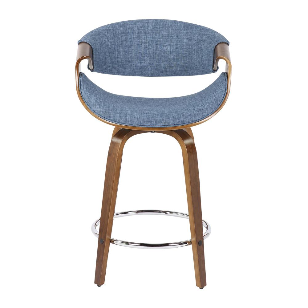 Walnut Wood, Blue Fabric, Chrome Curvini 24'' Counter Stool - Set of 2. Picture 6