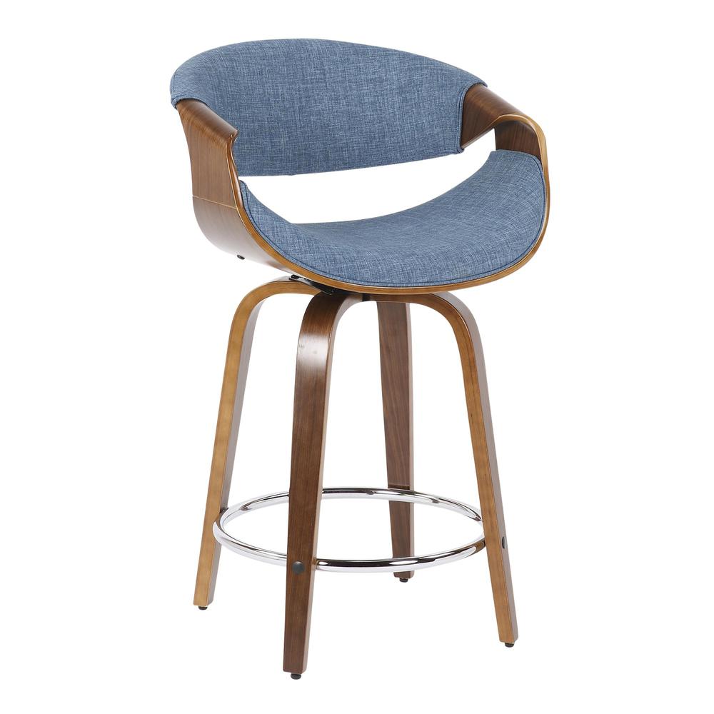 Walnut Wood, Blue Fabric, Chrome Curvini 24'' Counter Stool - Set of 2. Picture 2