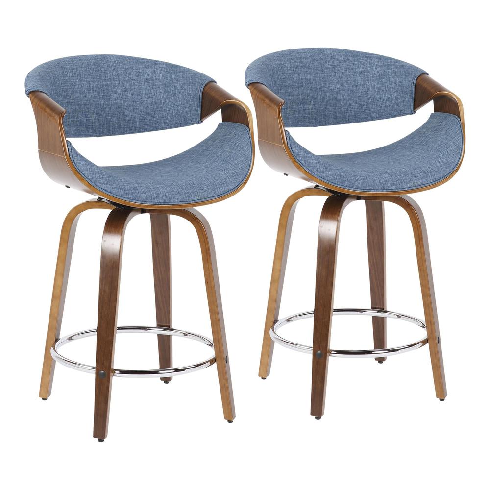 Walnut Wood, Blue Fabric, Chrome Curvini 24'' Counter Stool - Set of 2. Picture 1