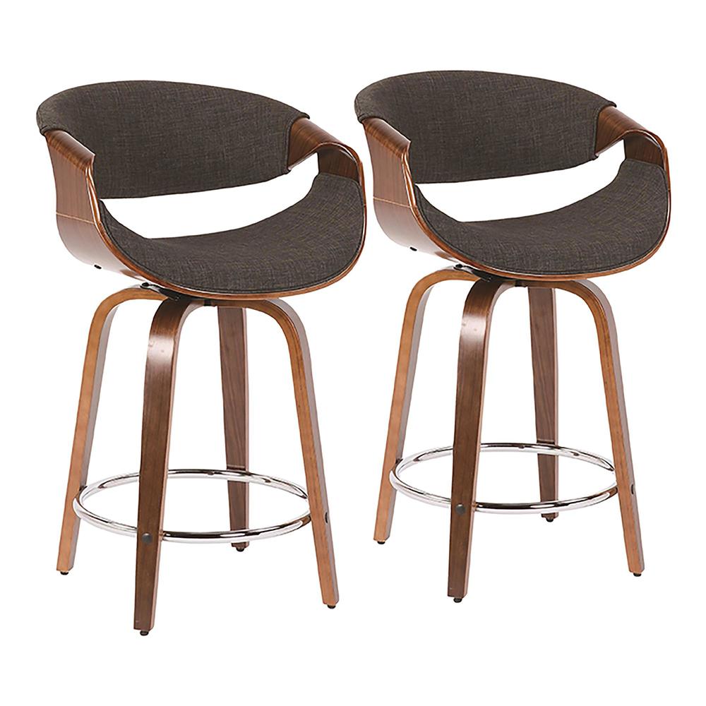 Walnut Wood, Charcoal Fabric, Chrome Curvini 24'' Counter Stool - Set of 2. Picture 1