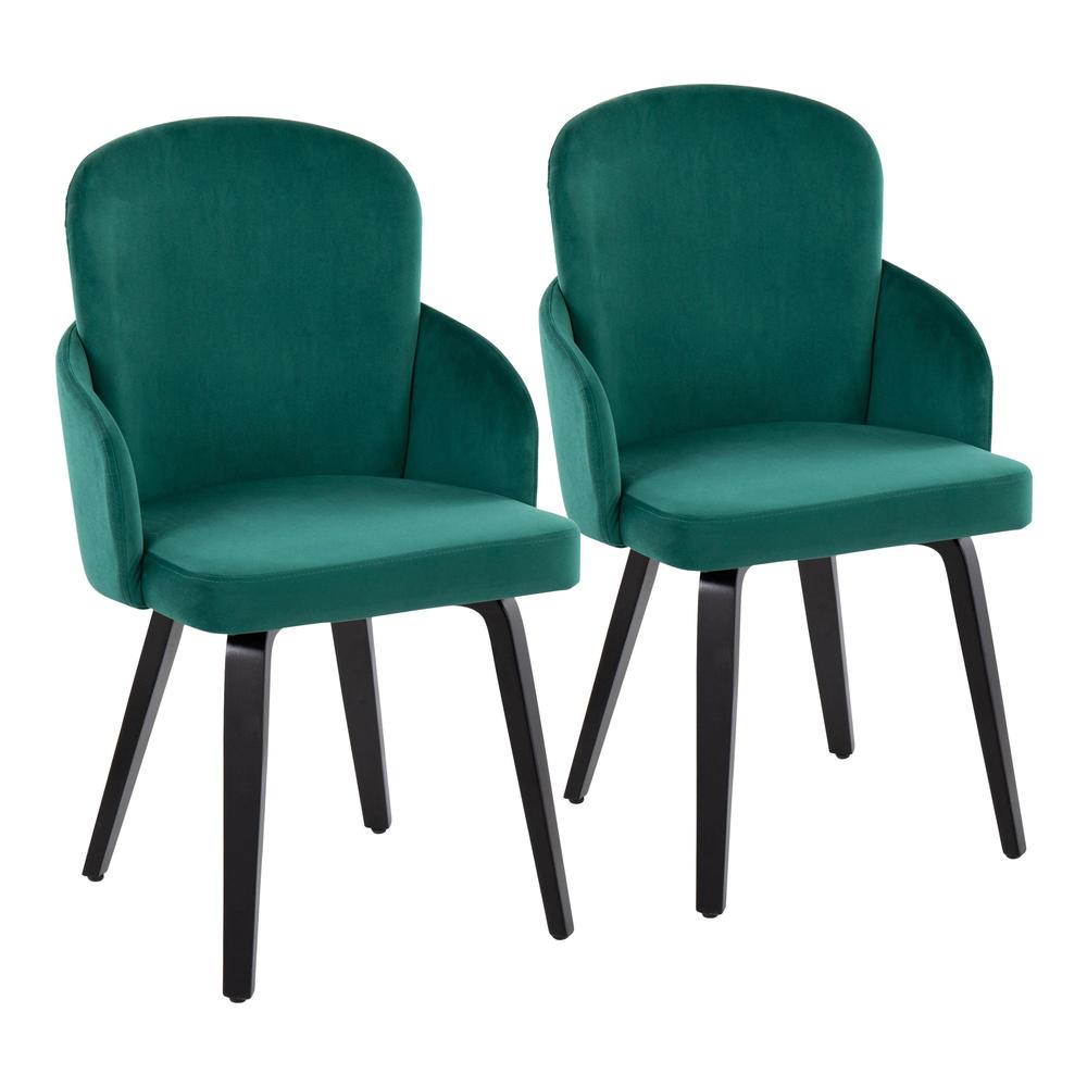 Black Wood, Green Velvet, Gold Metal Dahlia Dining Chair - Set of 2. Picture 1