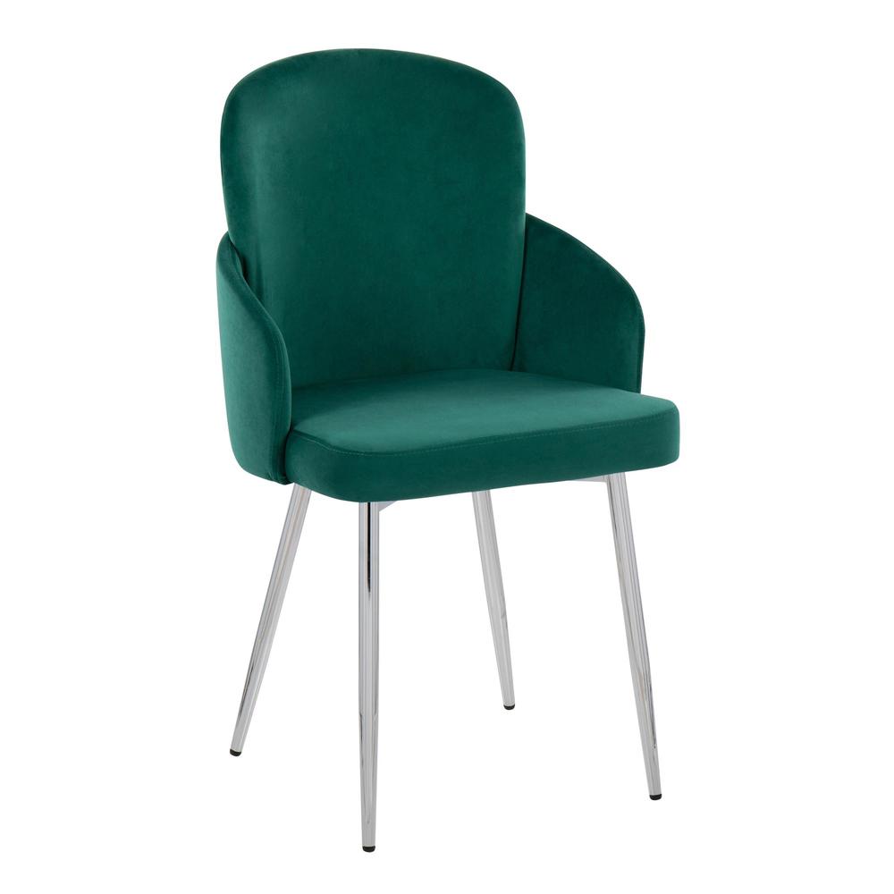 Green Velvet, Gold Metal, Chrome Dahlia Dining Chair - Set of 2. Picture 2