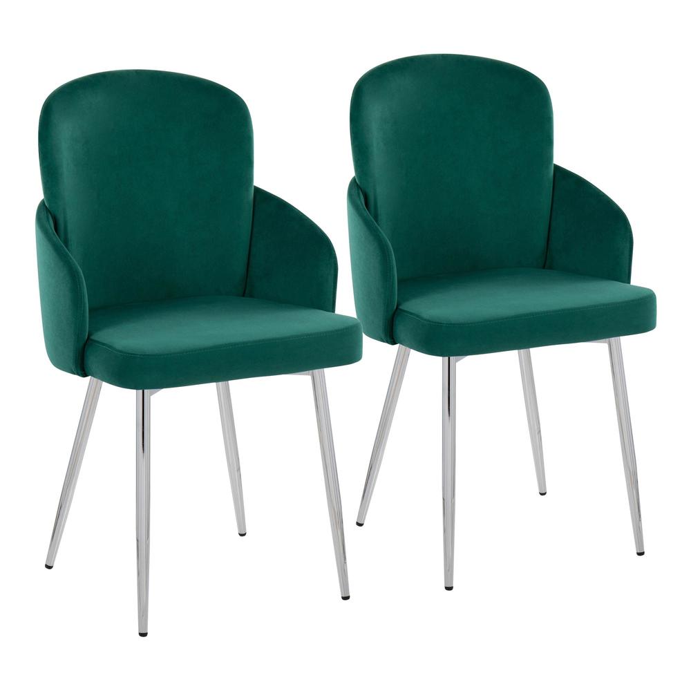 Green Velvet, Gold Metal, Chrome Dahlia Dining Chair - Set of 2. Picture 1