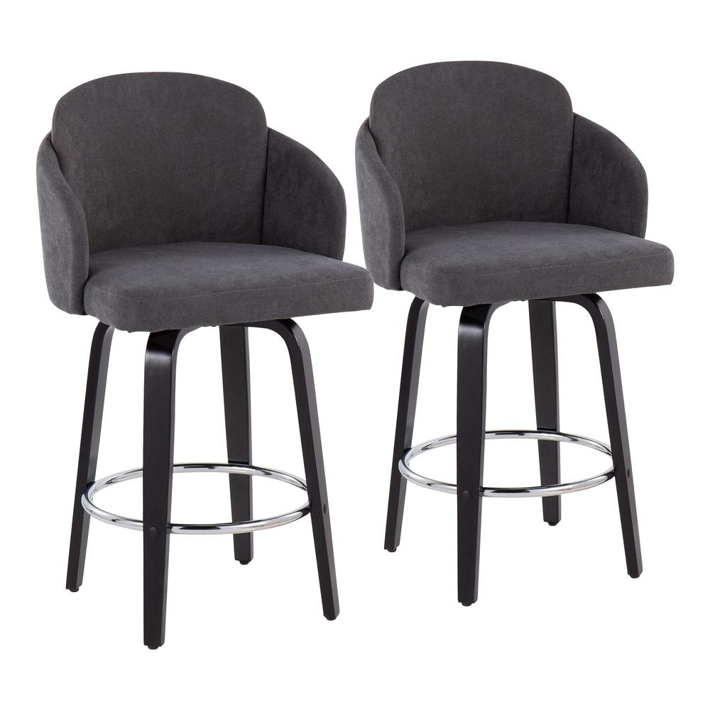 Black Wood, Grey Fabric, Chrome Dahlia Counter Stool - Set of 2. Picture 1