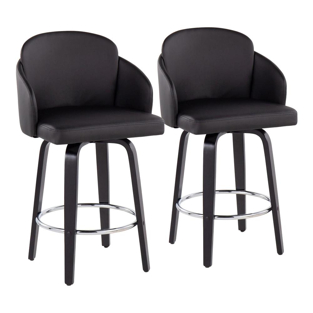 Black Wood, Black PU, Chrome Dahlia Counter Stool - Set of 2. Picture 1