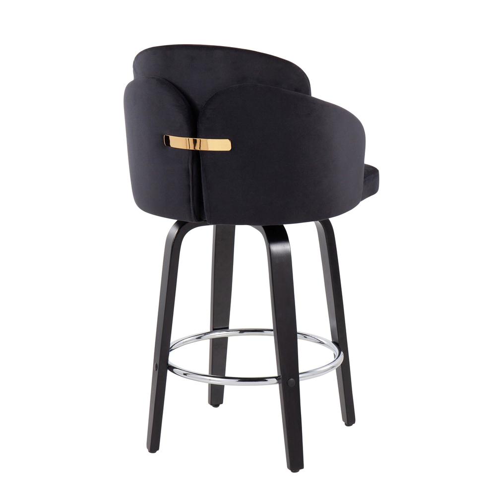 Black Wood, Black Velvet, Chrome, Gold Metal Dahlia Counter Stool - Set of 2. Picture 4