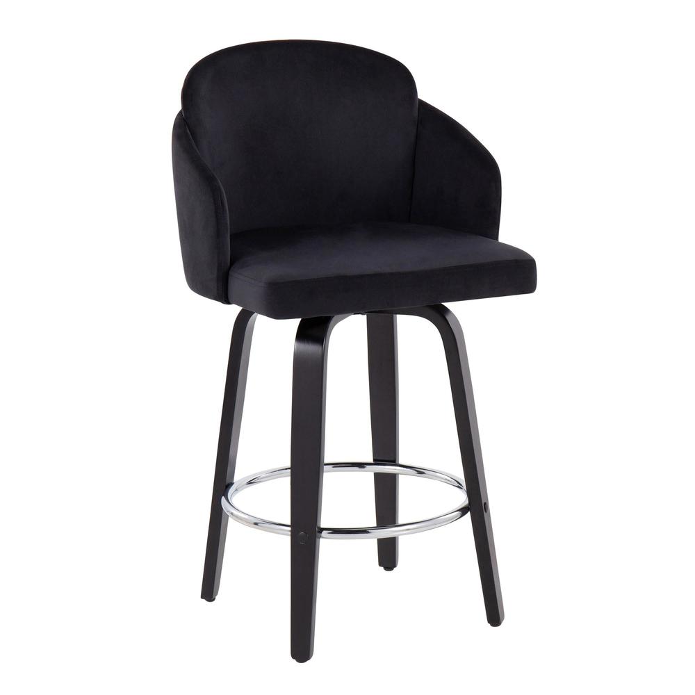 Black Wood, Black Velvet, Chrome, Gold Metal Dahlia Counter Stool - Set of 2. Picture 2