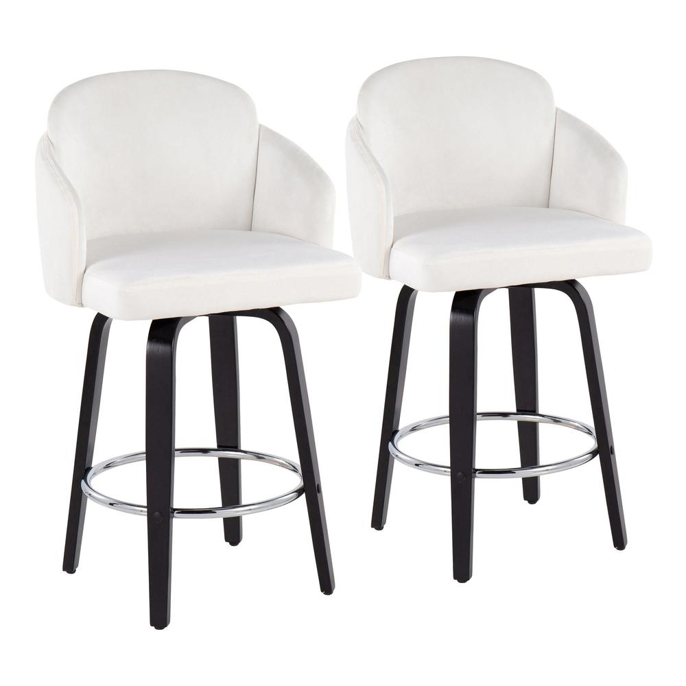 Black Wood, Cream Velvet, Chrome, Gold Metal Dahlia Counter Stool - Set of 2. Picture 1