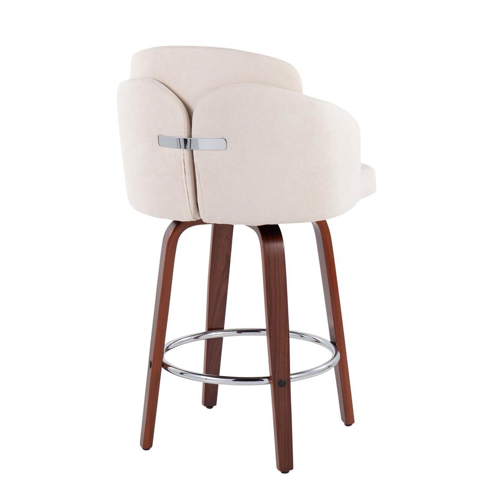 Walnut Wood, Cream Fabric, Chrome Dahlia Counter Stool - Set of 2. Picture 4
