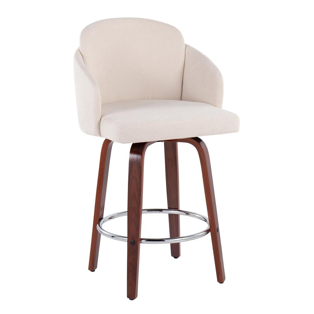 Walnut Wood, Cream Fabric, Chrome Dahlia Counter Stool - Set of 2. Picture 2