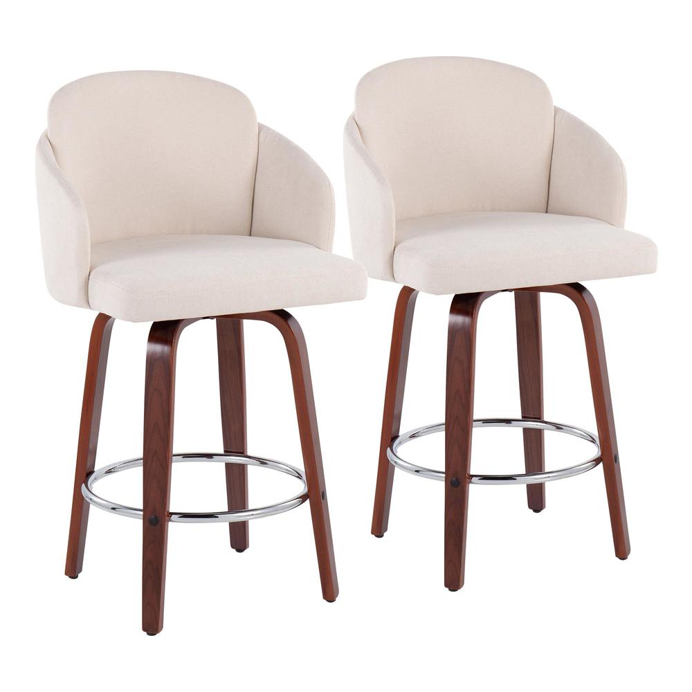 Walnut Wood, Cream Fabric, Chrome Dahlia Counter Stool - Set of 2. Picture 1