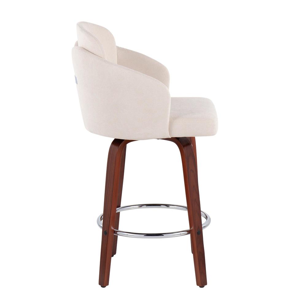 Walnut Wood, Cream Fabric, Chrome Dahlia Counter Stool - Set of 2. Picture 3