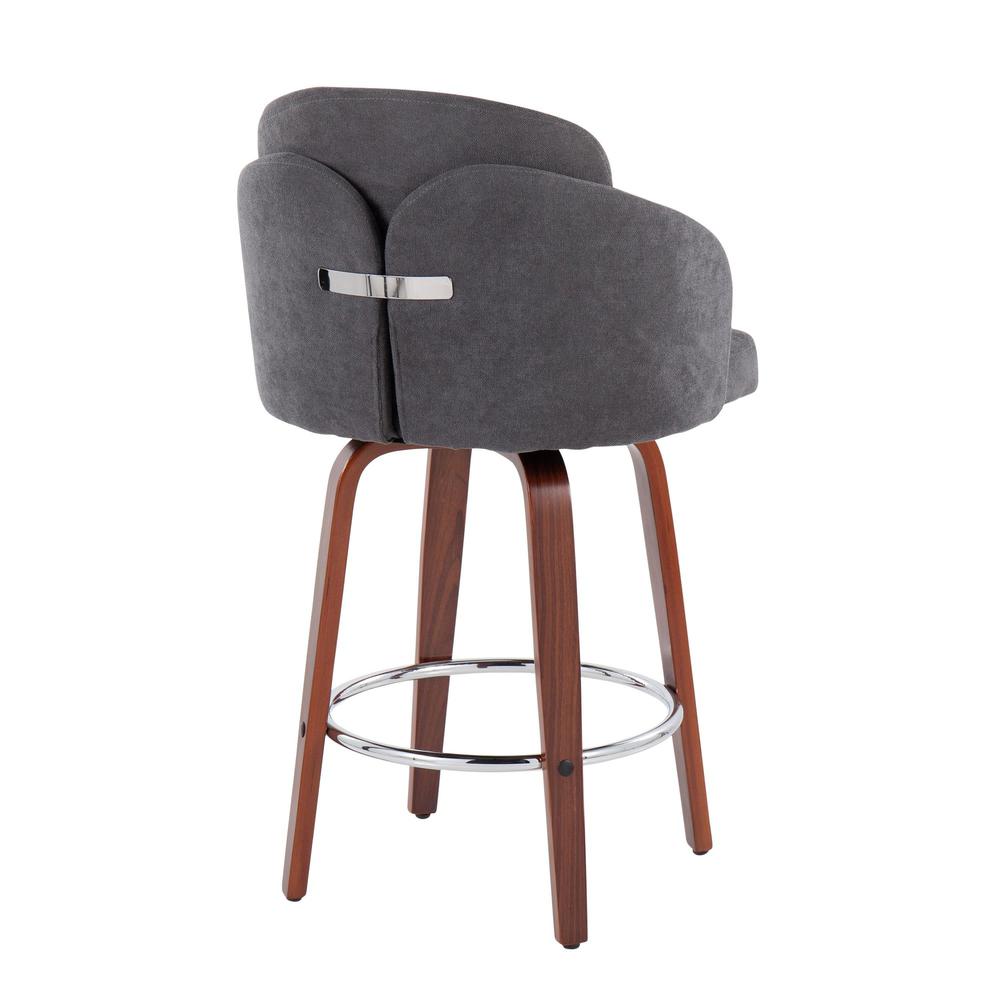 Walnut Wood, Grey Fabric, Chrome Dahlia Counter Stool - Set of 2. Picture 4