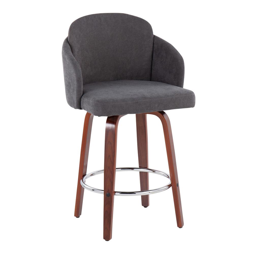 Walnut Wood, Grey Fabric, Chrome Dahlia Counter Stool - Set of 2. Picture 2