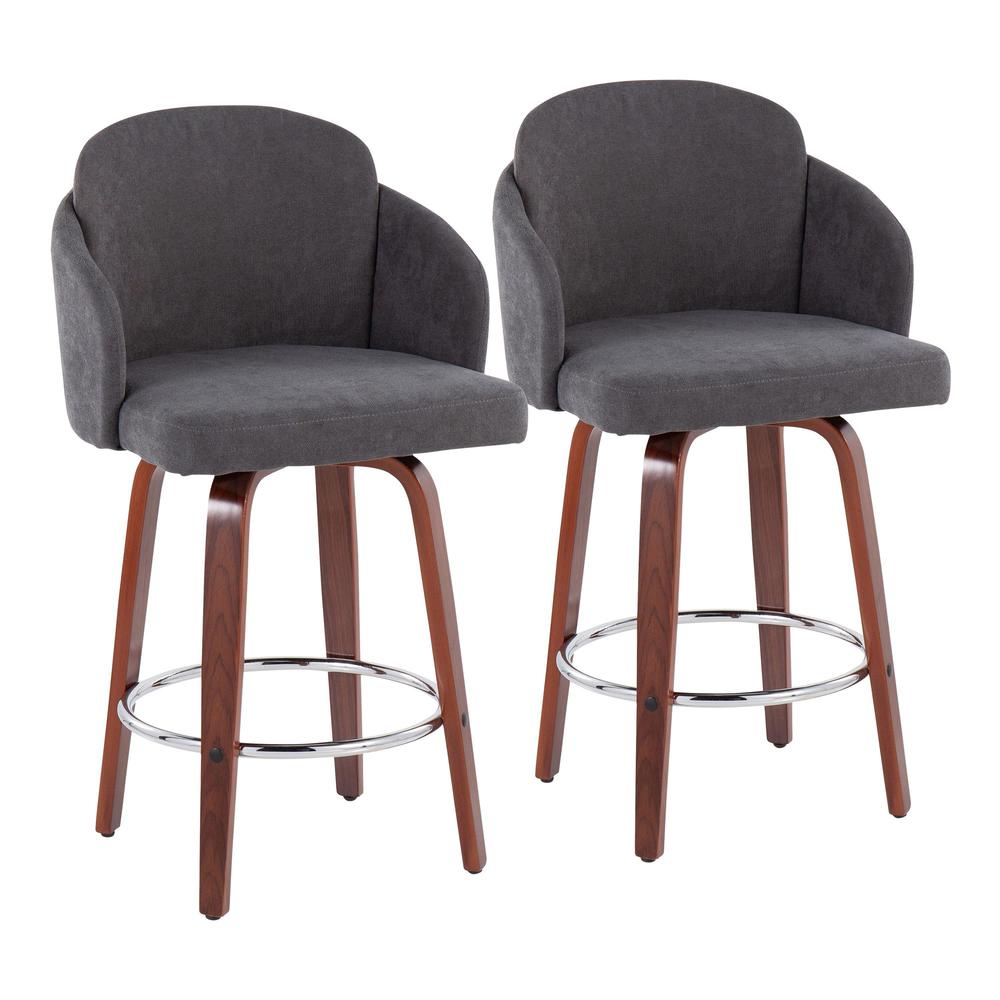 Walnut Wood, Grey Fabric, Chrome Dahlia Counter Stool - Set of 2. Picture 1