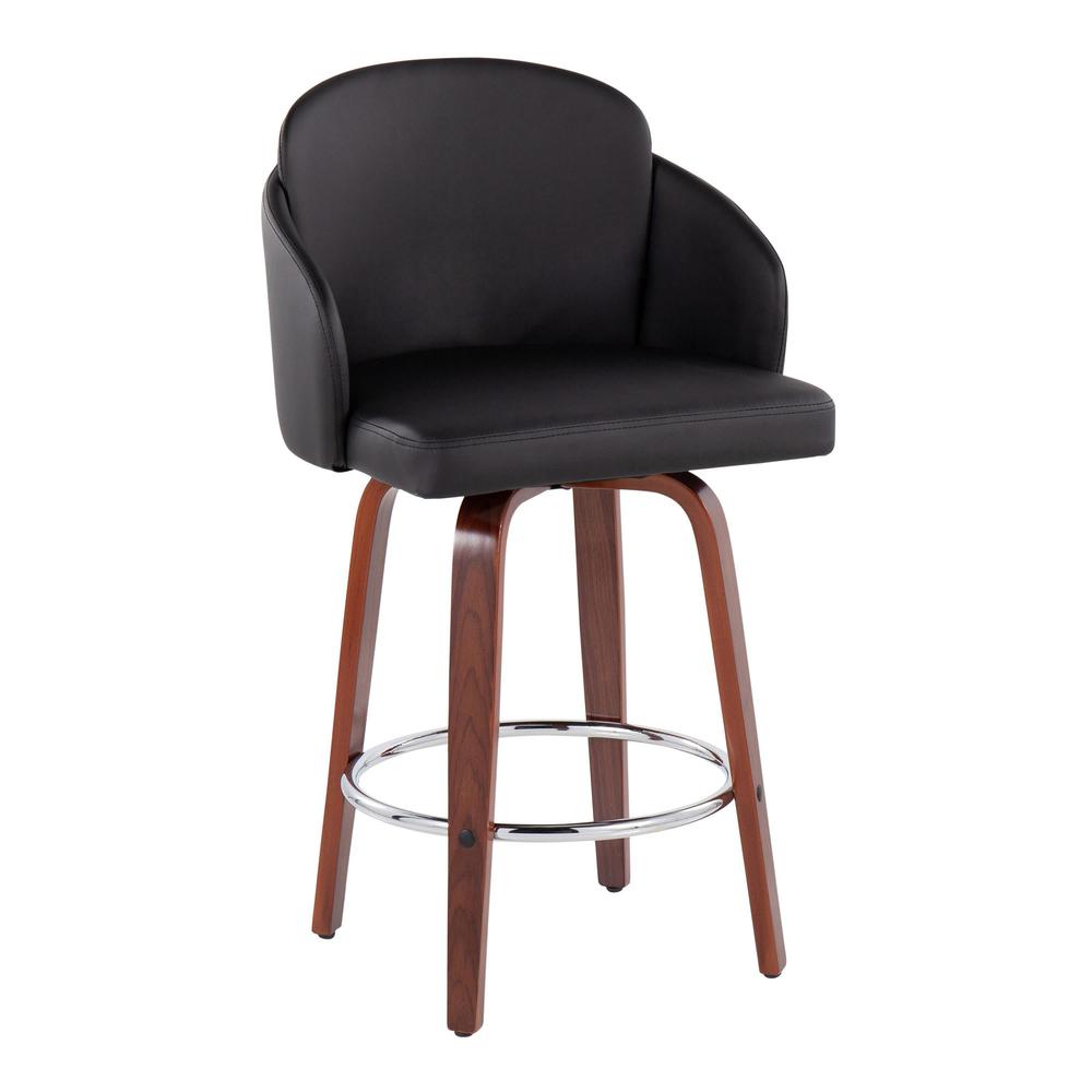 Walnut Wood, Black PU, Chrome Dahlia Counter Stool - Set of 2. Picture 2