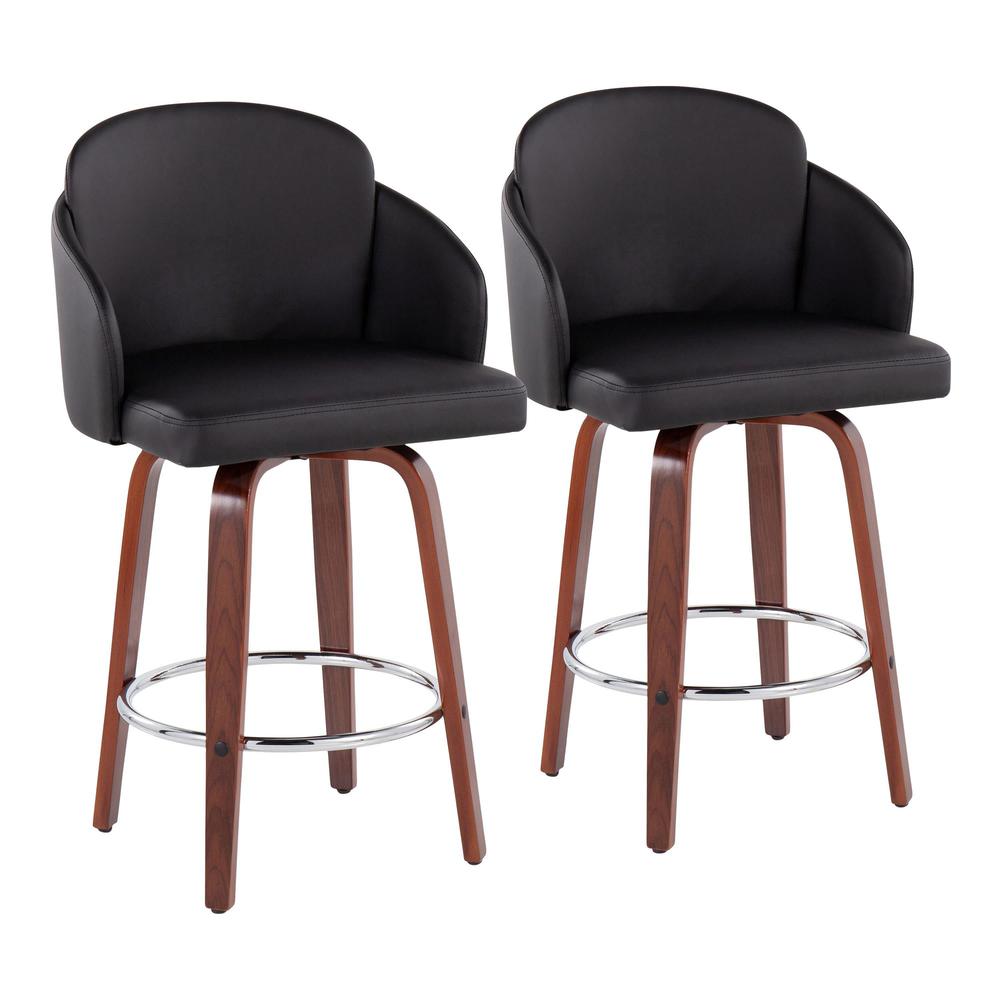 Walnut Wood, Black PU, Chrome Dahlia Counter Stool - Set of 2. Picture 1