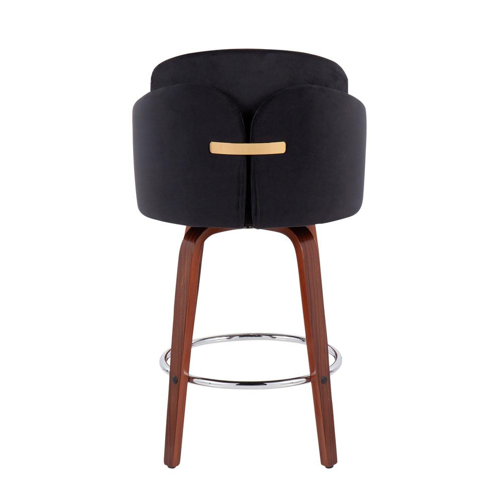 Walnut Wood, Black Velvet, Chrome, Gold Metal Dahlia Counter Stool - Set of 2. Picture 5