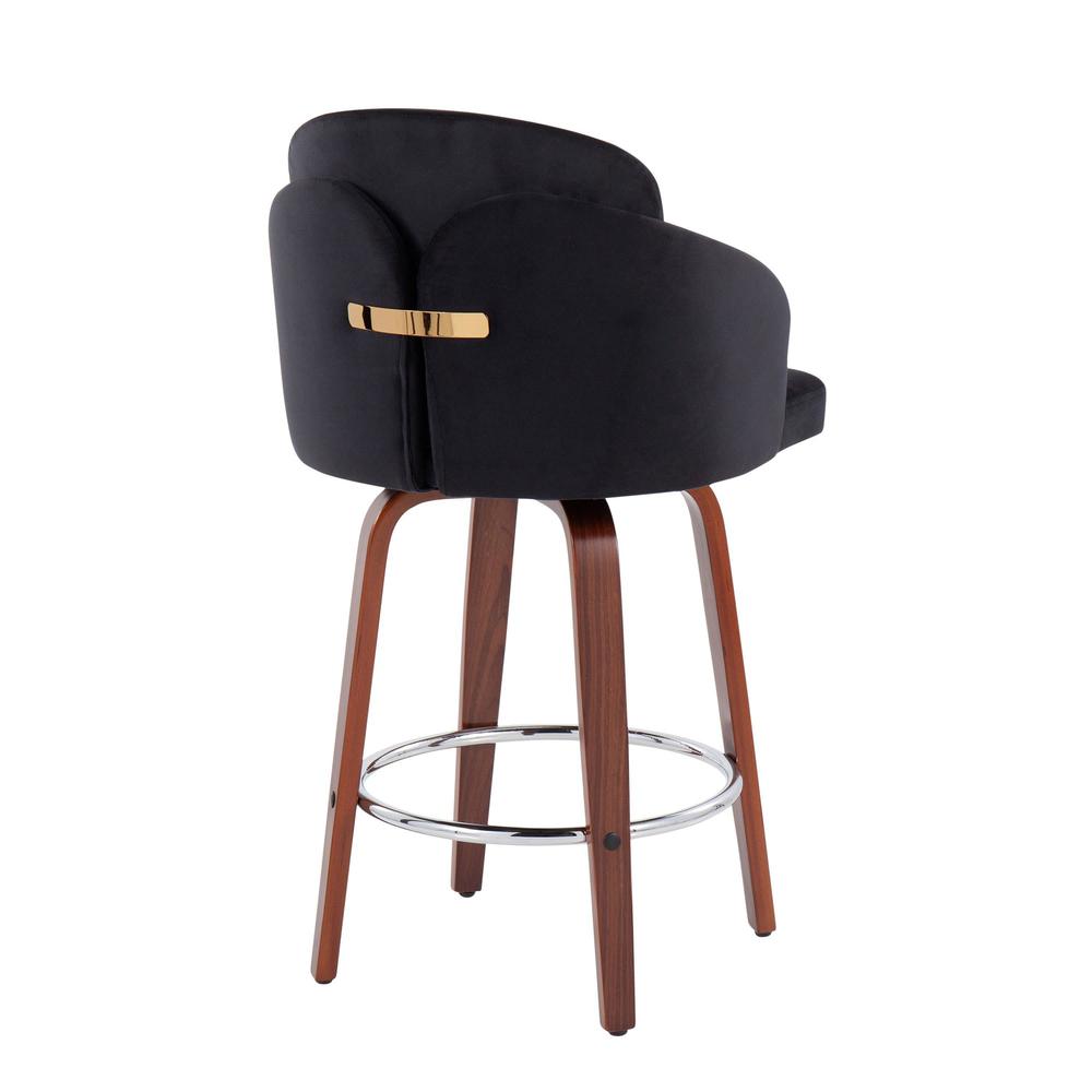 Walnut Wood, Black Velvet, Chrome, Gold Metal Dahlia Counter Stool - Set of 2. Picture 4