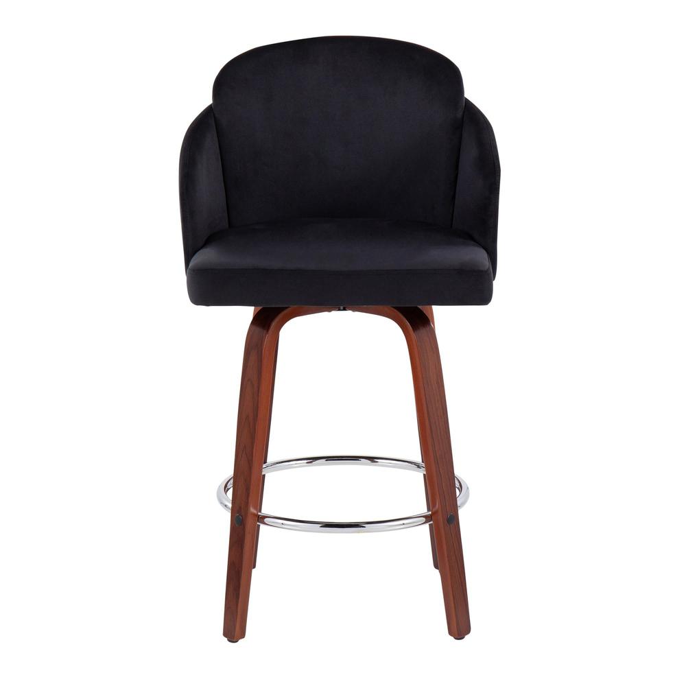 Walnut Wood, Black Velvet, Chrome, Gold Metal Dahlia Counter Stool - Set of 2. Picture 6