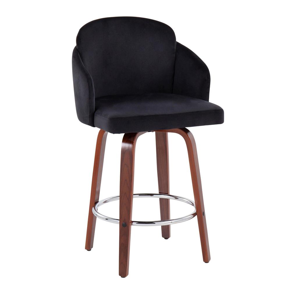 Walnut Wood, Black Velvet, Chrome, Gold Metal Dahlia Counter Stool - Set of 2. Picture 2