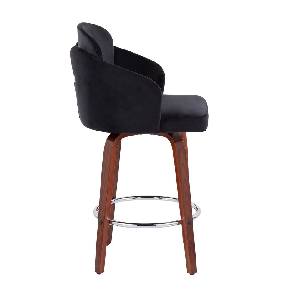 Walnut Wood, Black Velvet, Chrome, Gold Metal Dahlia Counter Stool - Set of 2. Picture 3