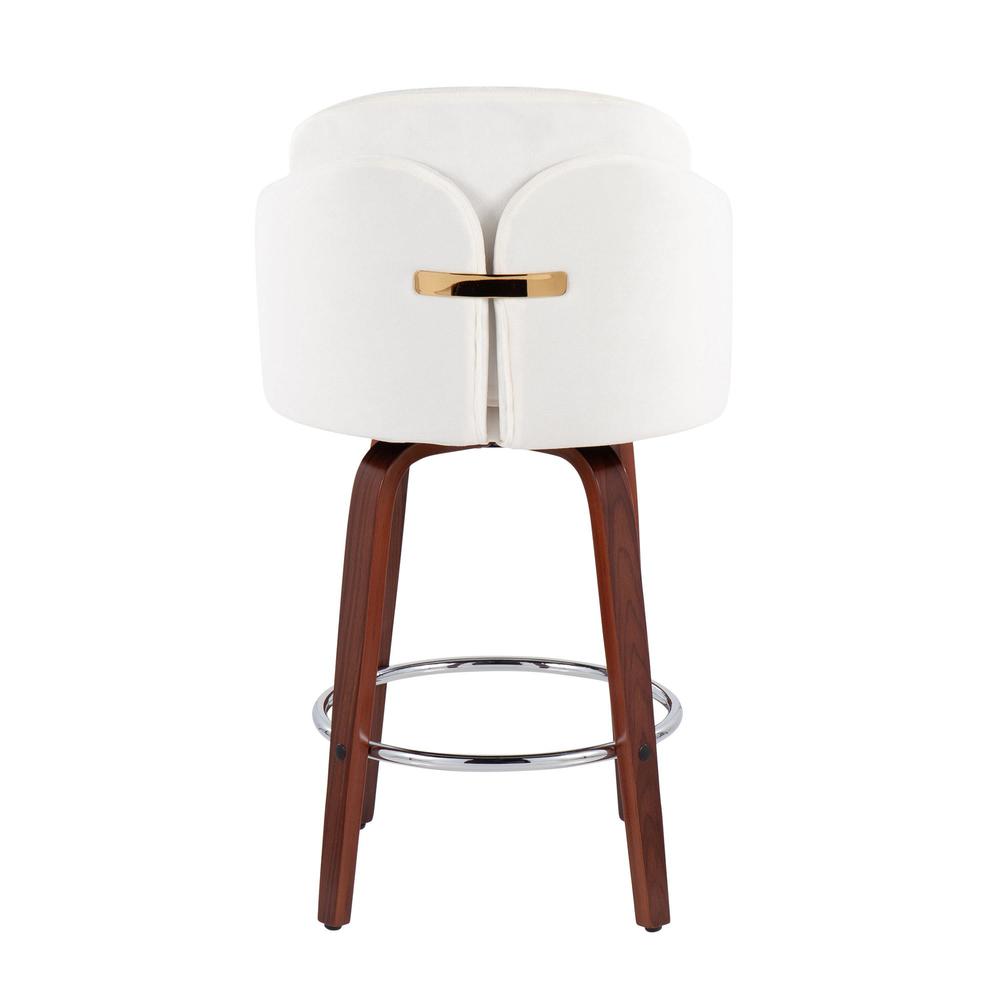 Walnut Wood, Cream Velvet, Chrome, Gold Metal Dahlia Counter Stool - Set of 2. Picture 5