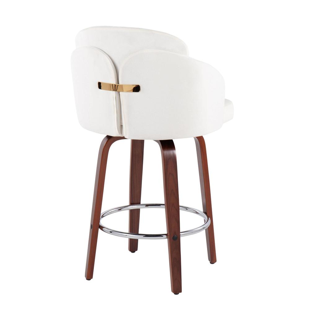 Walnut Wood, Cream Velvet, Chrome, Gold Metal Dahlia Counter Stool - Set of 2. Picture 4