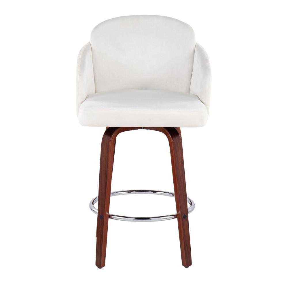 Walnut Wood, Cream Velvet, Chrome, Gold Metal Dahlia Counter Stool - Set of 2. Picture 6