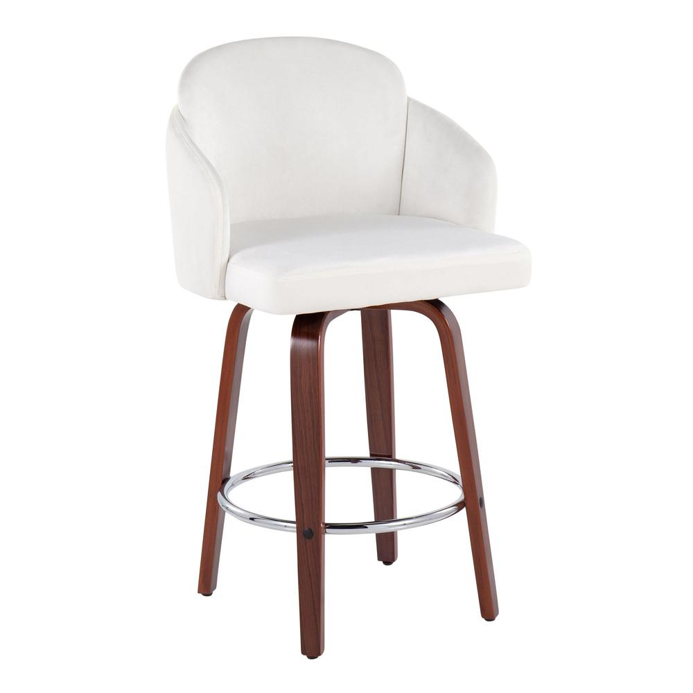 Walnut Wood, Cream Velvet, Chrome, Gold Metal Dahlia Counter Stool - Set of 2. Picture 2