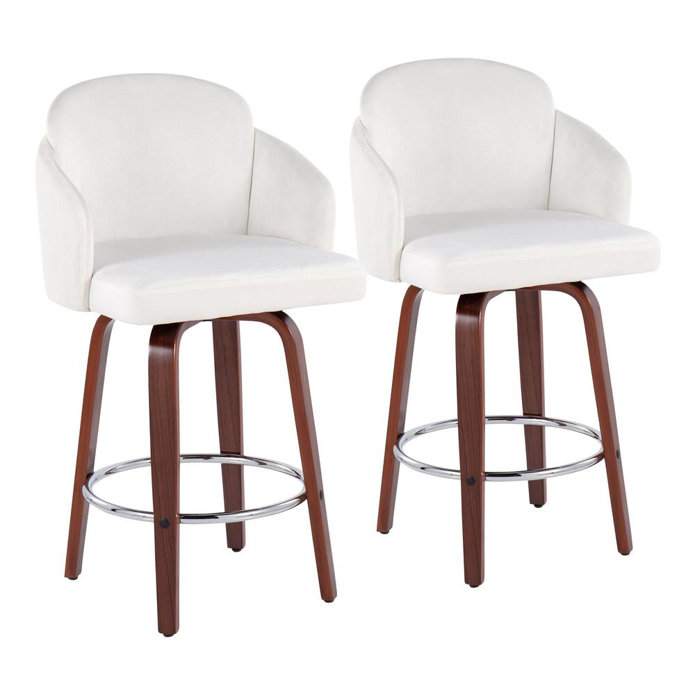 Walnut Wood, Cream Velvet, Chrome, Gold Metal Dahlia Counter Stool - Set of 2. Picture 1