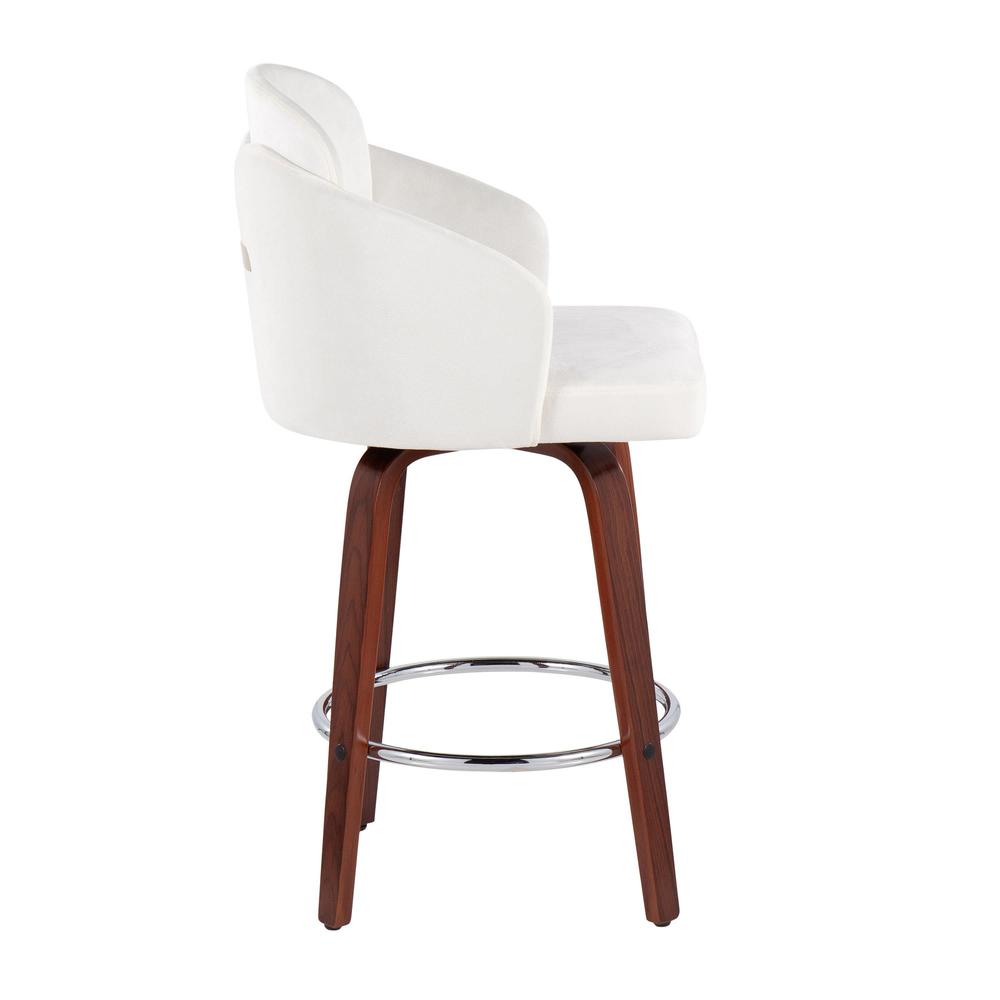 Walnut Wood, Cream Velvet, Chrome, Gold Metal Dahlia Counter Stool - Set of 2. Picture 3