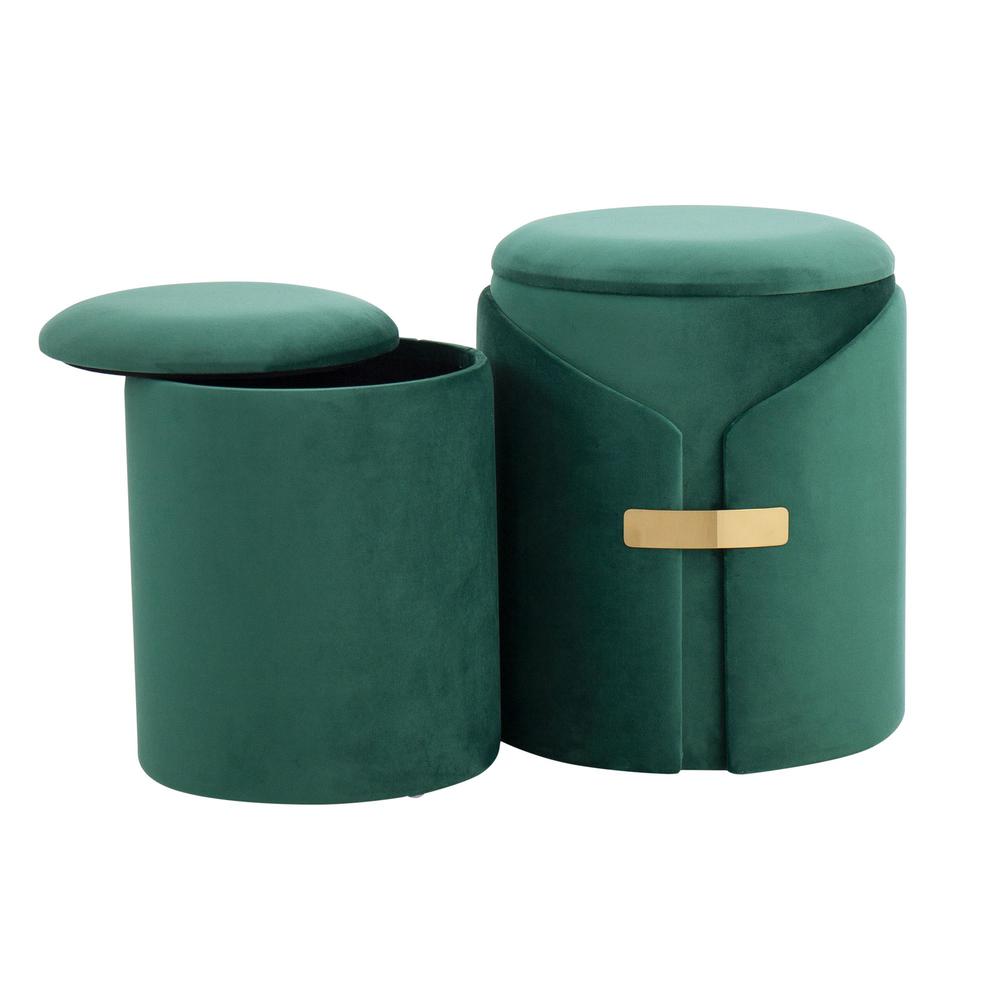 Gold Metal, Green Velvet Dahlia Ottoman Set. Picture 3