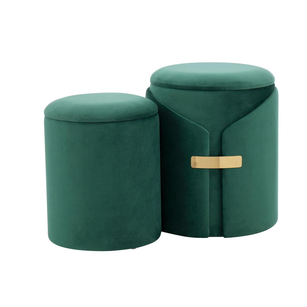 Gold Metal, Green Velvet Dahlia Ottoman Set. Picture 1