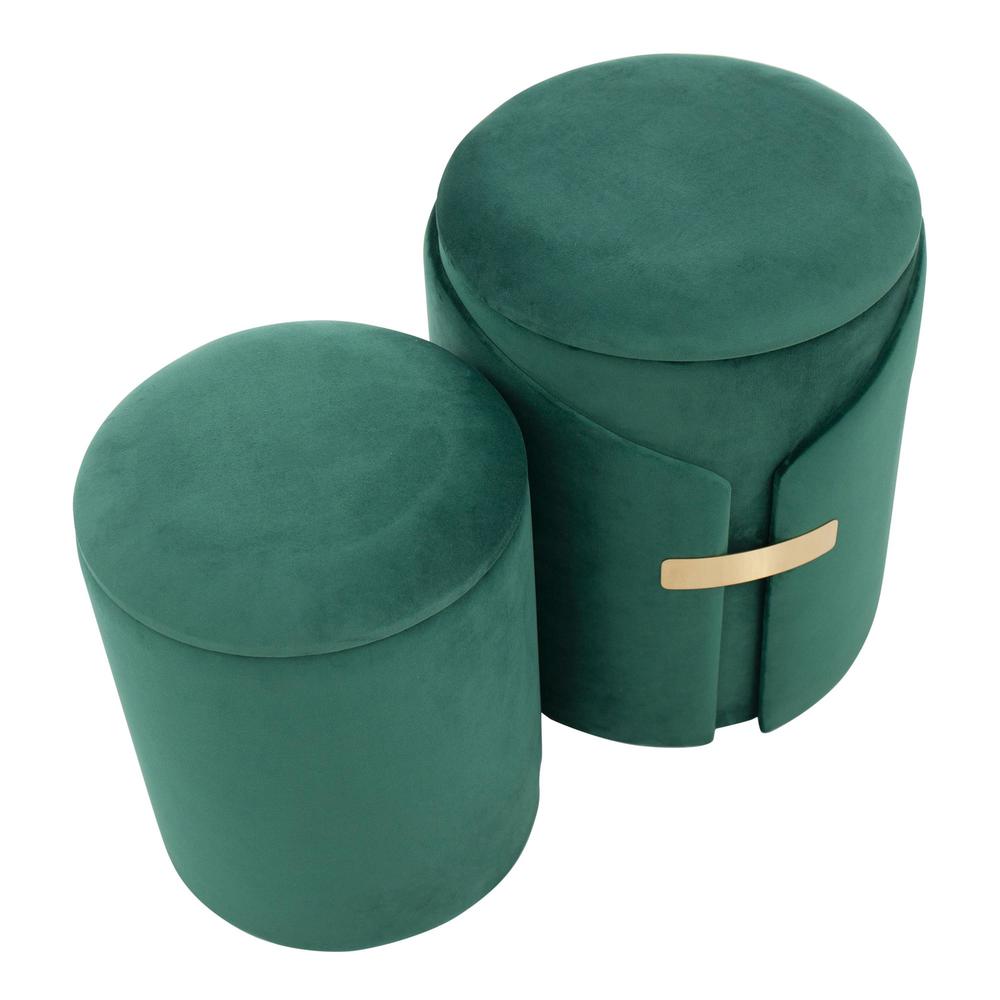 Gold Metal, Green Velvet Dahlia Ottoman Set. Picture 2
