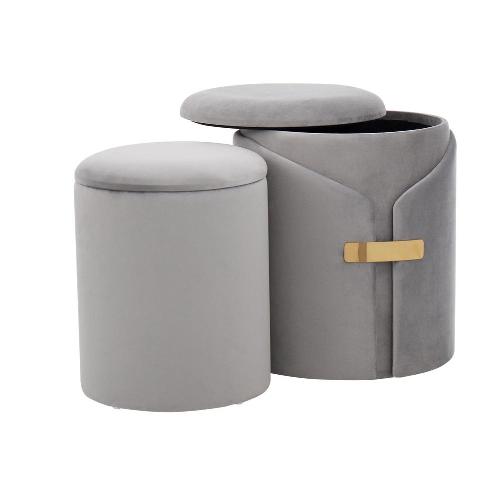 Gold Metal, Silver Velvet Dahlia Ottoman Set. Picture 4