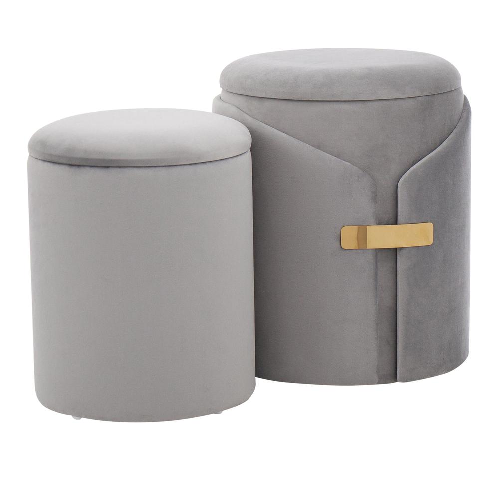 Gold Metal, Silver Velvet Dahlia Ottoman Set. Picture 1