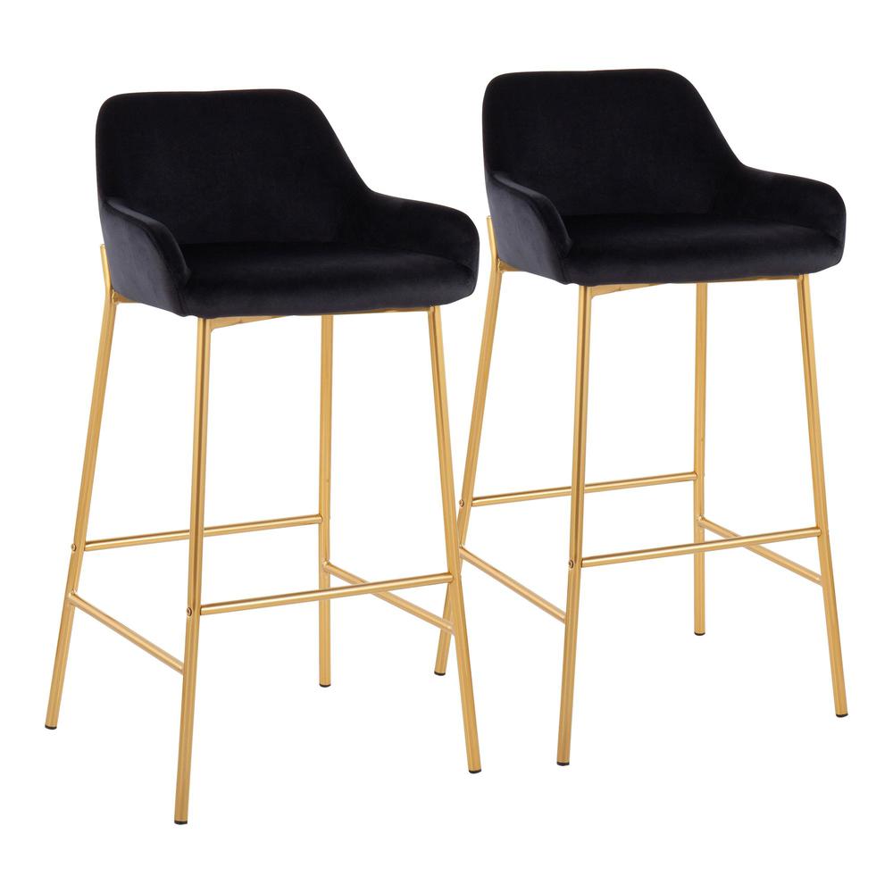 Gold Metal, Black Velvet Daniella Fixed-Height Bar Stool - Set of 2. Picture 1