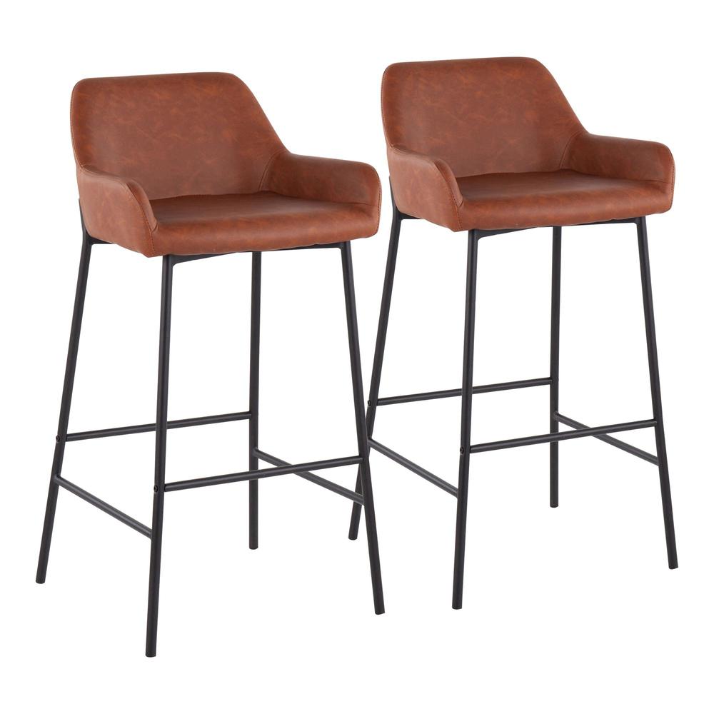 Black Metal, Camel PU Daniella Fixed-Height Bar Stool - Set of 2. Picture 1