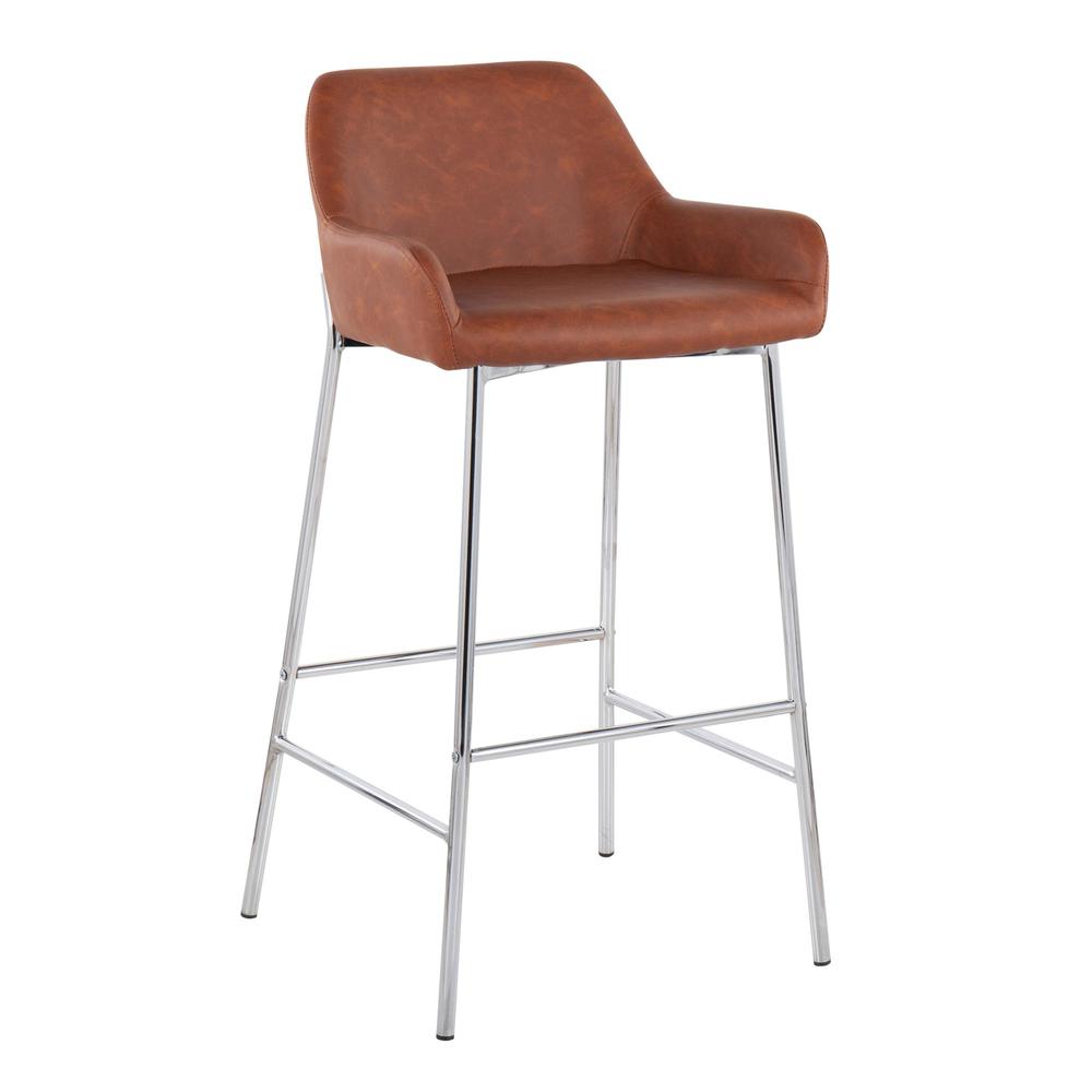 Chrome Metal, Camel PU Daniella Fixed-Height Bar Stool - Set of 2. Picture 2