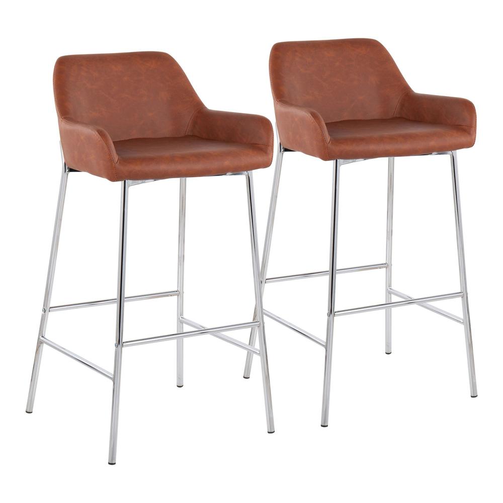 Chrome Metal, Camel PU Daniella Fixed-Height Bar Stool - Set of 2. Picture 1