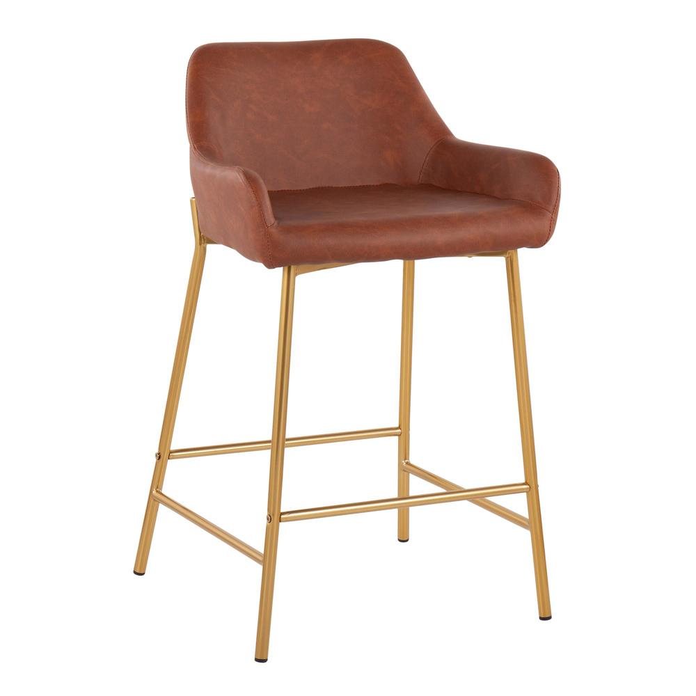 Gold Metal, Camel PU Daniella Fixed-Height Counter Stool - Set of 2. Picture 2