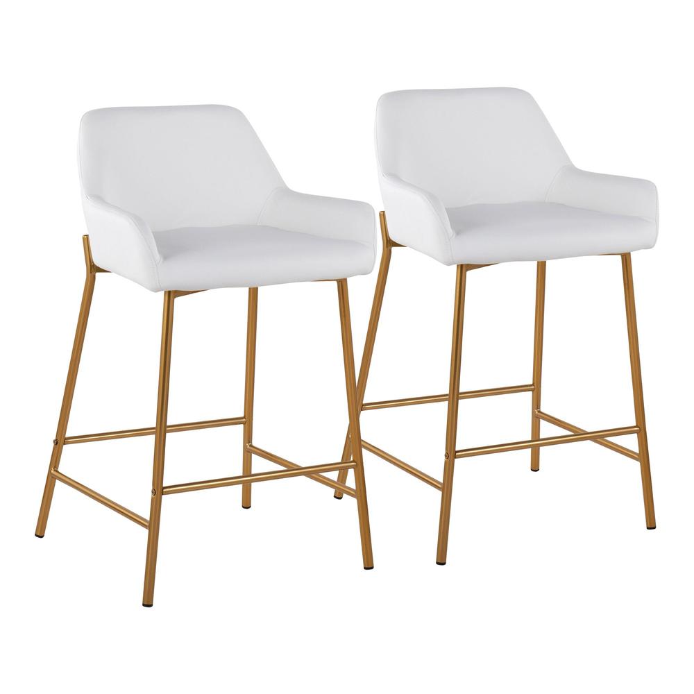 Gold Metal, White PU Daniella Fixed-Height Counter Stool - Set of 2. Picture 1