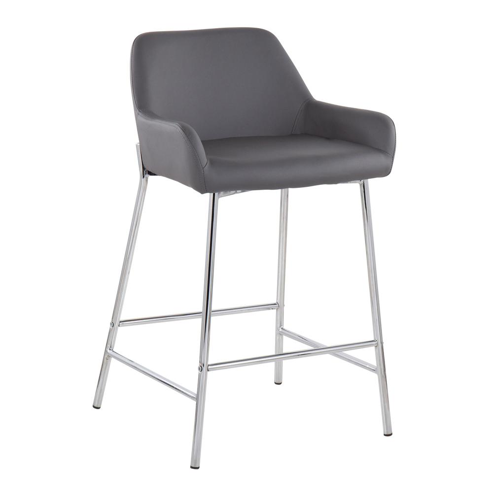 Chrome Metal, Grey PU Daniella Fixed-Height Counter Stool - Set of 2. Picture 2