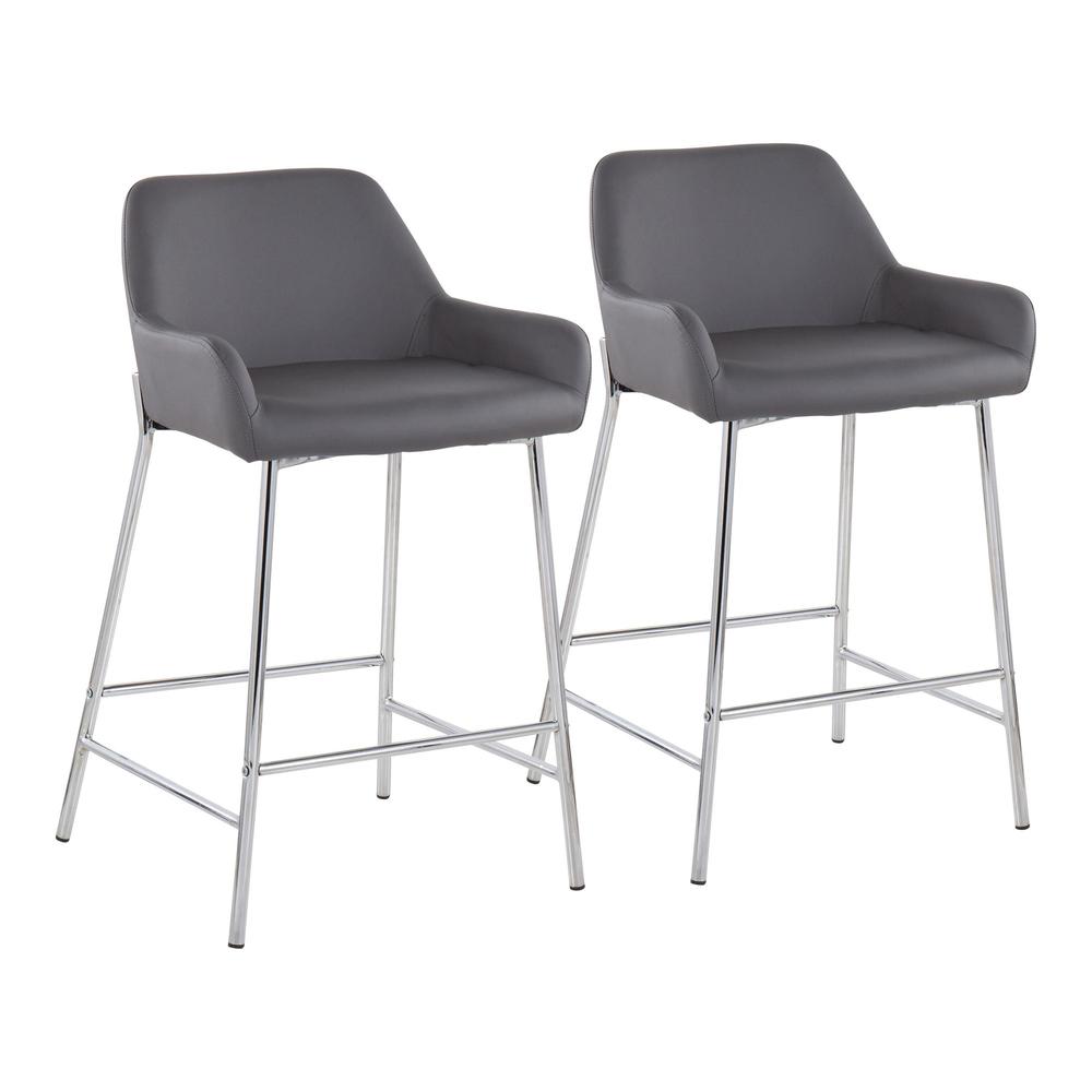 Chrome Metal, Grey PU Daniella Fixed-Height Counter Stool - Set of 2. Picture 1
