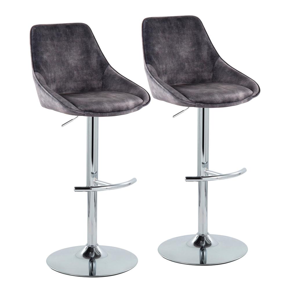 Chrome, Grey Velvet Diana Adjustable Bar Stool - Set of 2. Picture 1