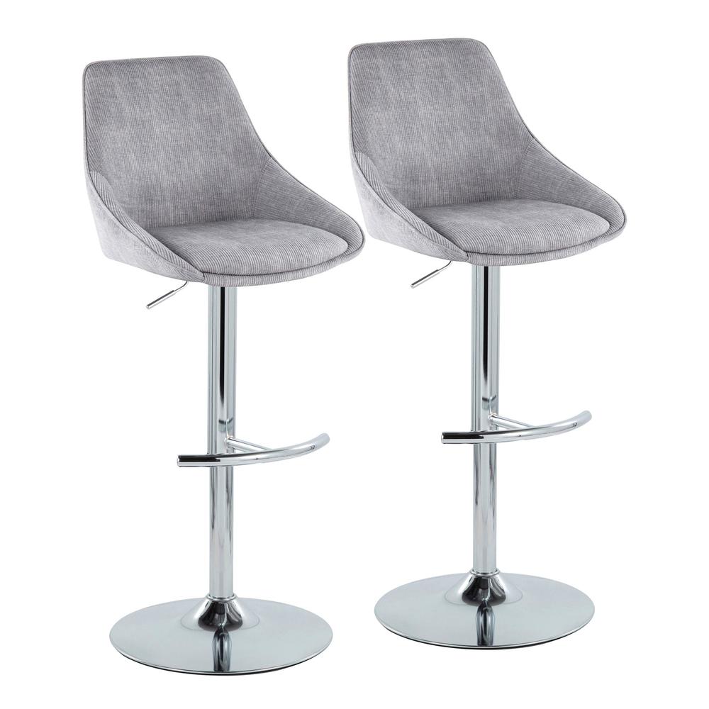 Chrome, Grey Corduroy Diana Adjustable Bar Stool - Set of 2. Picture 1