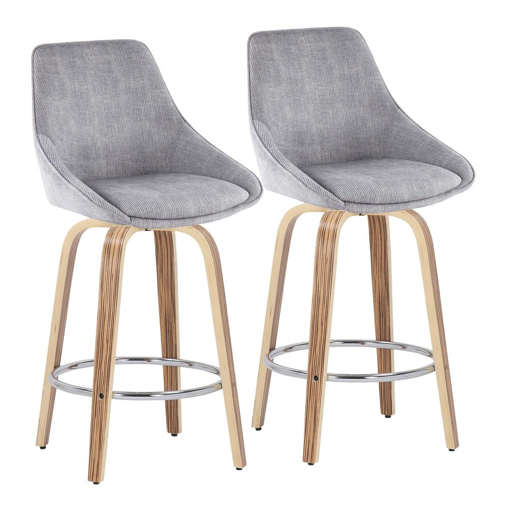 Zebra Wood, Grey Corduroy, Chrome Diana Fixed Height Counter Stool - Set of 2. Picture 1