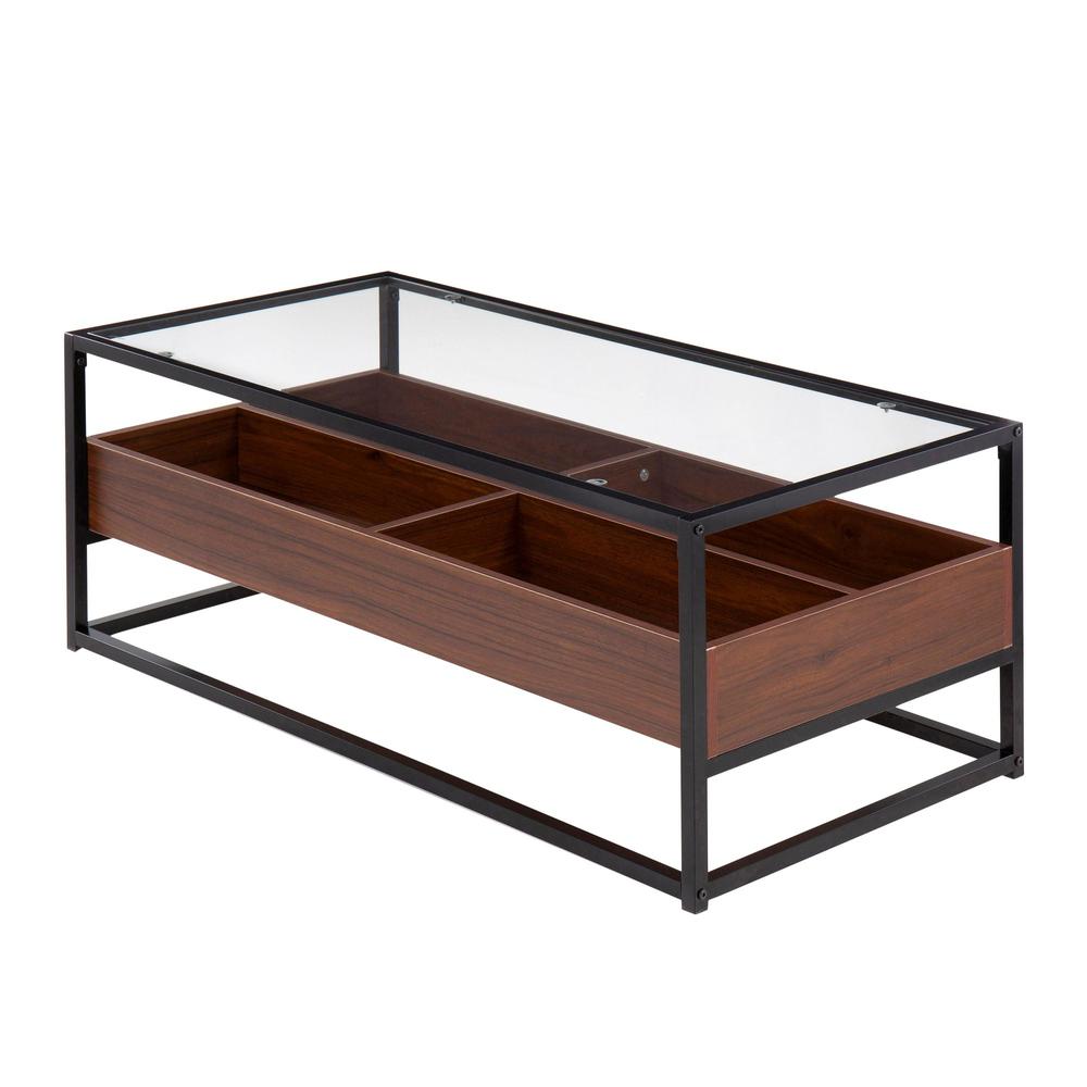 Black Steel, Walnut Wood, Clear Glass Display Coffee Table. Picture 3